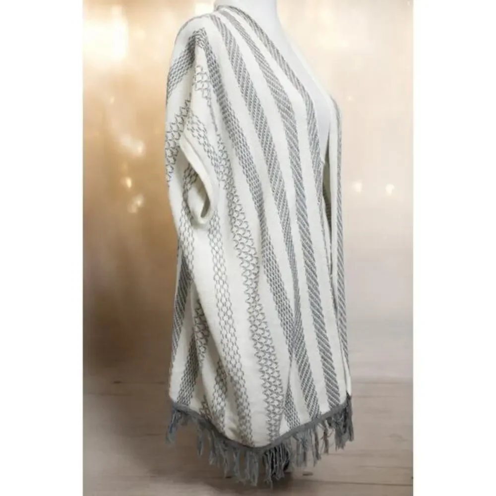 Olive +‎ Oak Open Front Fringe Cardigan Women M Cream Gray Striped Boho Kimono